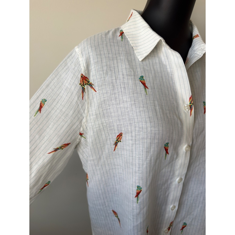 Chicos No Iron Linen Shirt Womens 2 (L) White Blue Pinstripe Parrot Embroidery - Picture 3 of 14